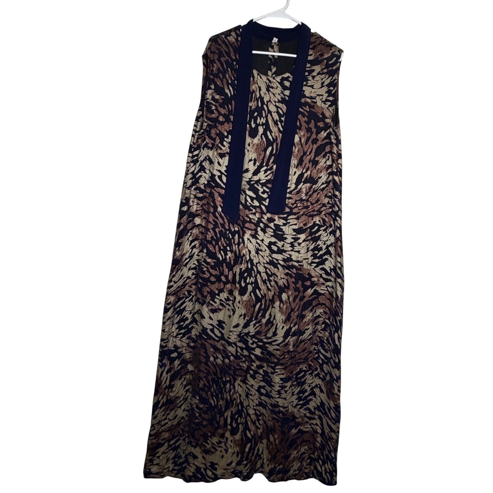 Vintage Abstract Metallic Glitter Maxi Dress Blue Brown Sleeveless Scarf Neck 2X
